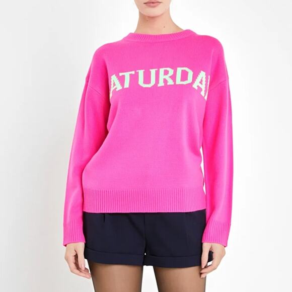 English Factory Days of the Week Saturday Neon Hot Pink Knit Pullover Sweater - Picture 1 of 14